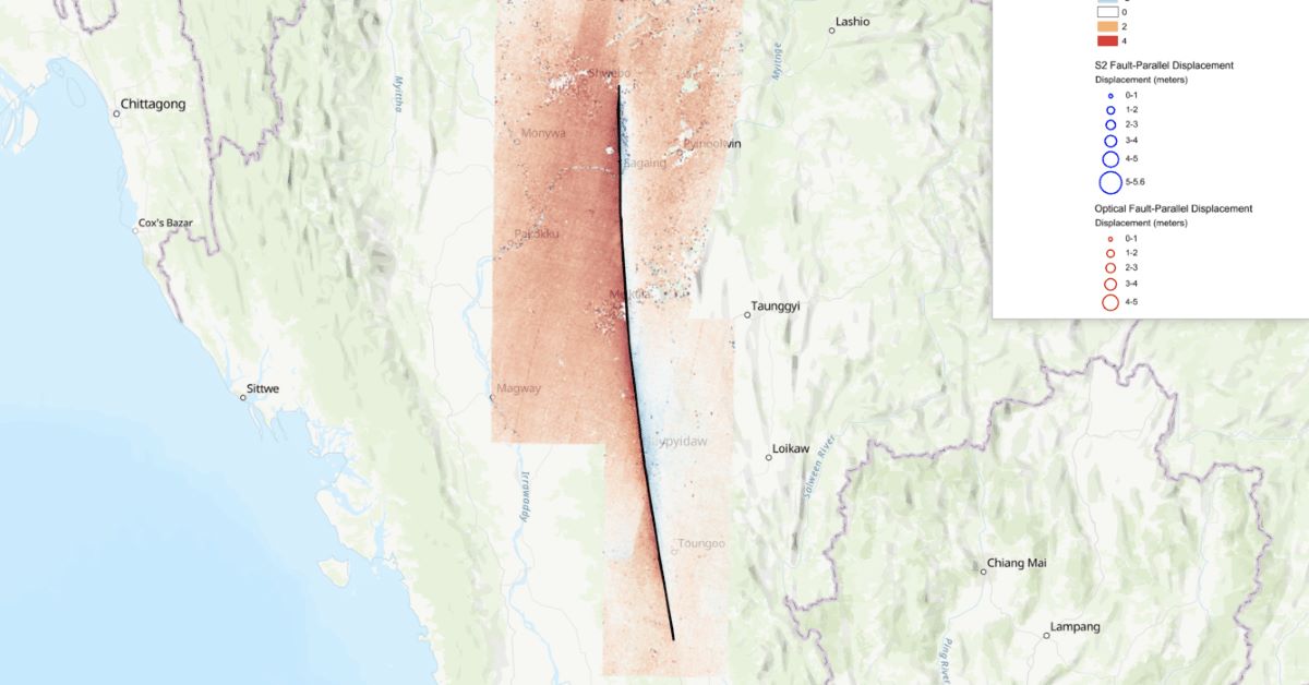 Bản đồ đứt gãy trong trận động đất Myanmar. Nguồn: Public Domain/USGS