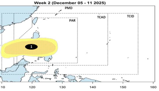 Dự báo áp thấp mạnh lên thành bão ở mức thấp đến trung bình và đi vào Biển Đông từ ngày 5-11.12. Ảnh: PAGASA