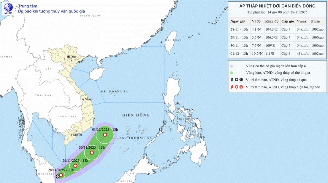 Dự báo áp thấp nhiệt đới gần Biển Đông. Ảnh: Trung tâm Dự báo Khí tượng Thủy văn Quốc gia Việt Nam