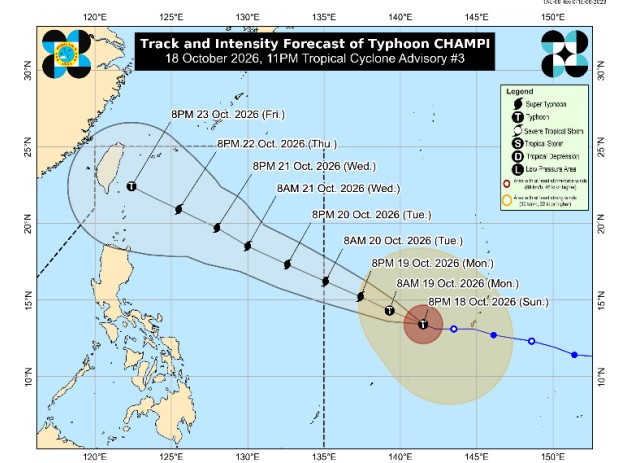Dự báo đường đi của bão Champi đến 8h tối ngày 23.10.2026. Ảnh: PAGASA