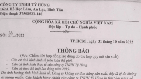 Một doanh nghiệp nước ngoài đột ngột chấm dứt hợp đồng gần 1.200 lao động