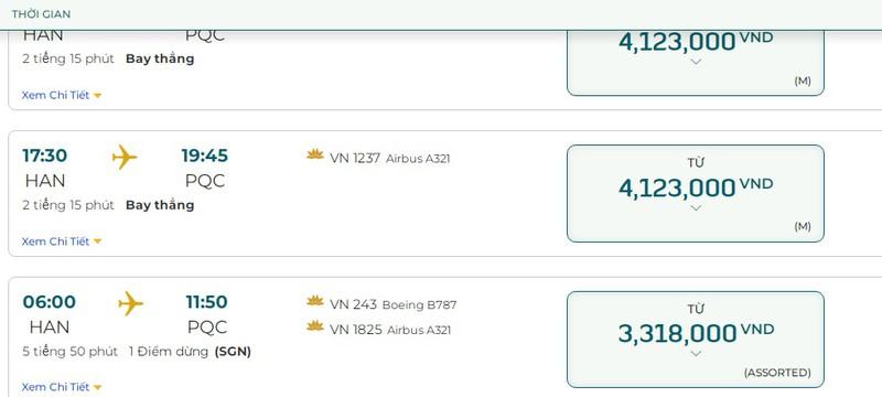 Giá vé máy bay chặng Hà Nội - Phú Quốc dịp lễ 30/4-1/5 trên hệ thống của Vietnam Airlines. Ảnh chụp màn hình ngày 20/3)