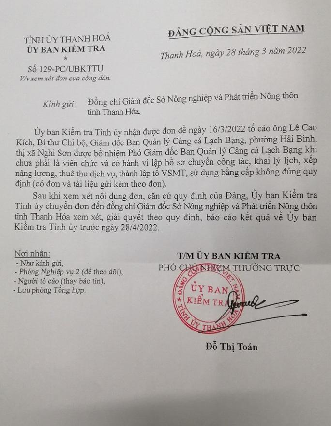 Giám đốc cảng cá ở Thanh Hóa bị tố dính nhiều sai phạm? - Ảnh 2. Văn bản chỉ đạo của Ủy ban Kiểm tra Tỉnh ủy Thanh Hóa.