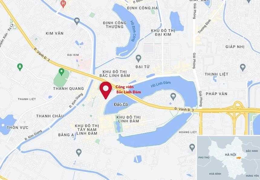 Công viên Bắc Linh Đàm nằm trong Khu đô thị Linh Đàm, quận Hoàng Mai. Ảnh: Google Maps.