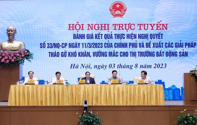 Thủ tướng Chính phủ Phạm Minh Chính chủ trì Hội nghị trực tuyến đánh giá kết quả thực hiện Nghị quyết số 33/NQ-CP ngày 11 tháng 3 năm 2023 của Chính phủ và đề xuất các giải pháp tháo gỡ khó khăn, vướng mắc cho thị trường bất động sản - Ảnh: VGP/Nhật Bắc.