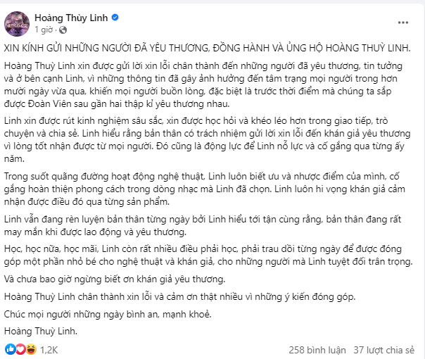 Sau phát ngôn "trịnh thượng", ca sĩ Hoàng Thuỳ Linh viết tâm thư xin lỗi: Bản thân cần "Học, học nữa, học mãi"! - Ảnh 1.