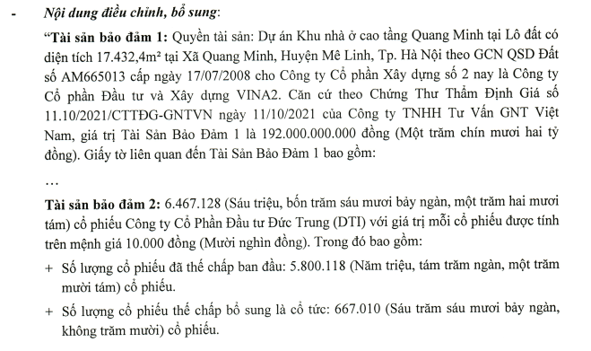 VINA2 phải bổ sung thêm các tài sản đảm bảo cho