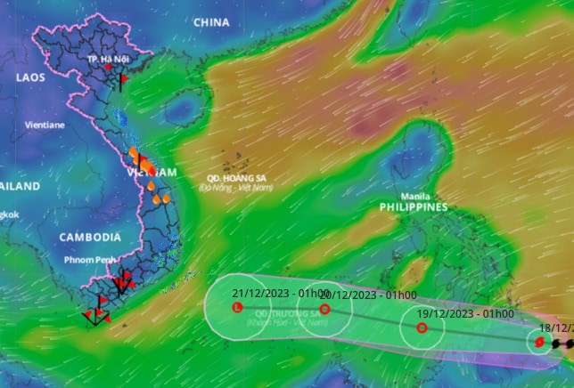 Hướng di chuyển của áp thấp nhiệt đới đang áp sát Biển Đông