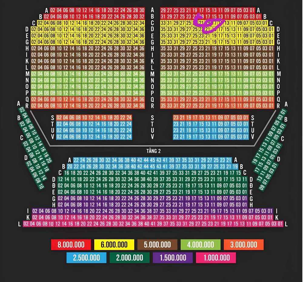 Sơ đồ chỗ ngồi được niêm yết các giá vé khác nhau. Ảnh: Chợ vé Táo Quân 2024.