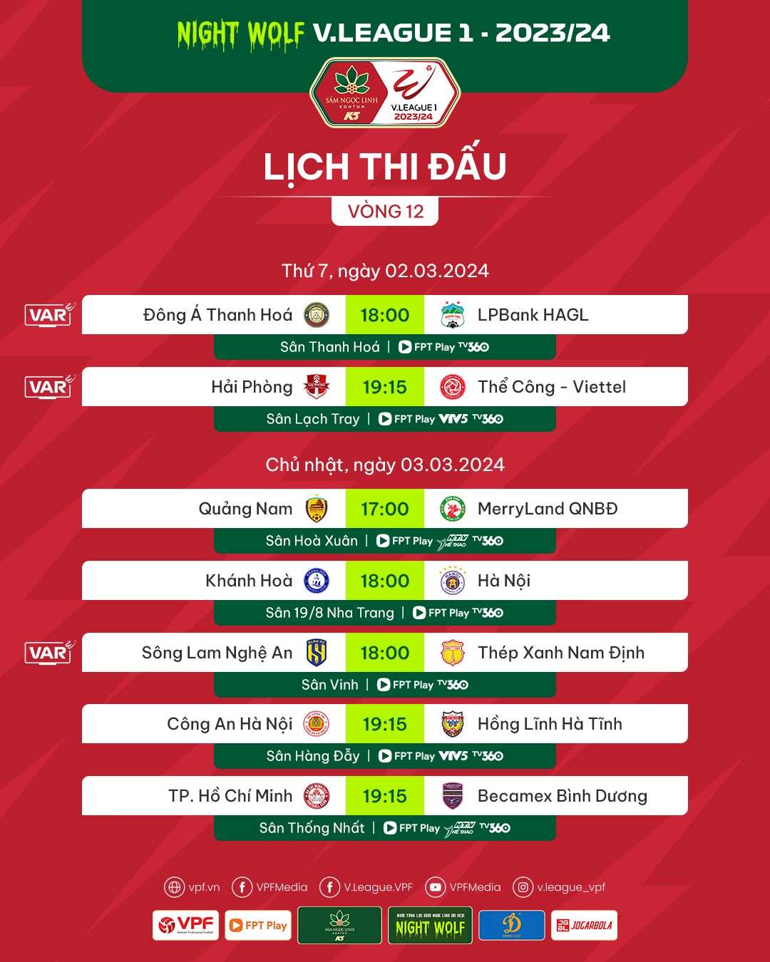 Lịch thi đấu vòng 12 Night Wolf V.League 2023-2024. Ảnh: VPF