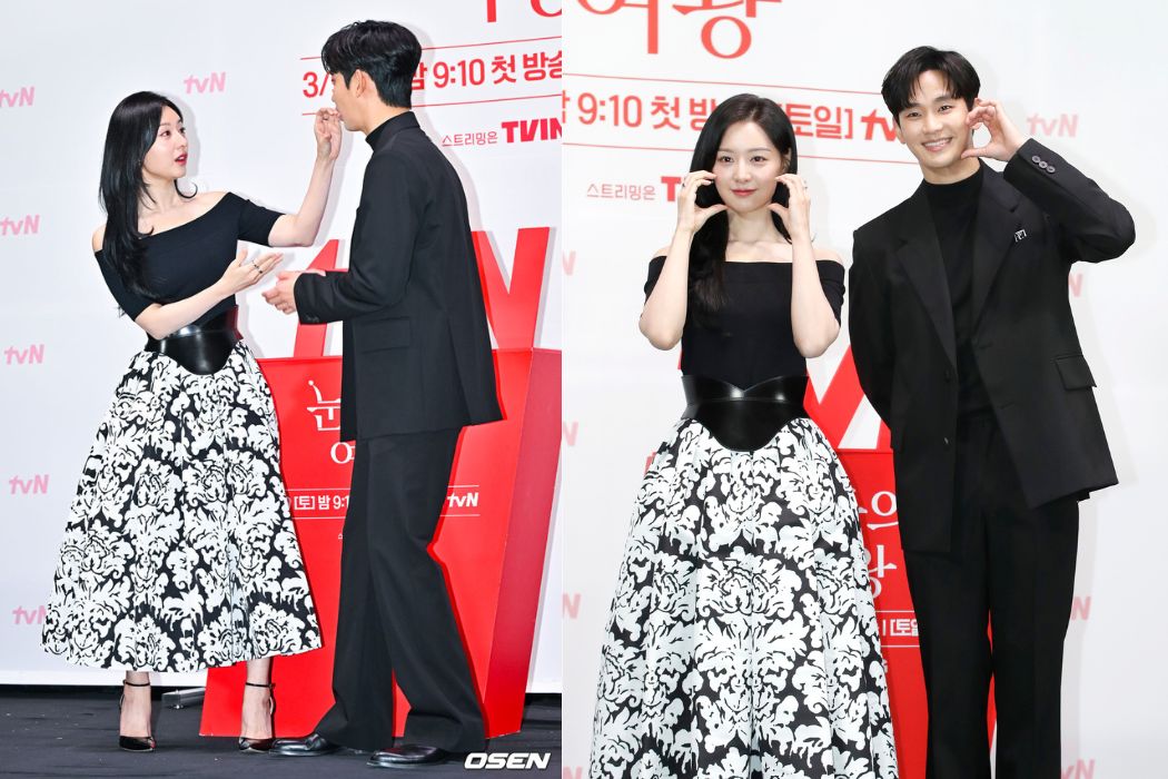 Kim Ji Won và Kim Soo Hyun tương tác tình cảm trong hợp báo phim. Ảnh: Naver