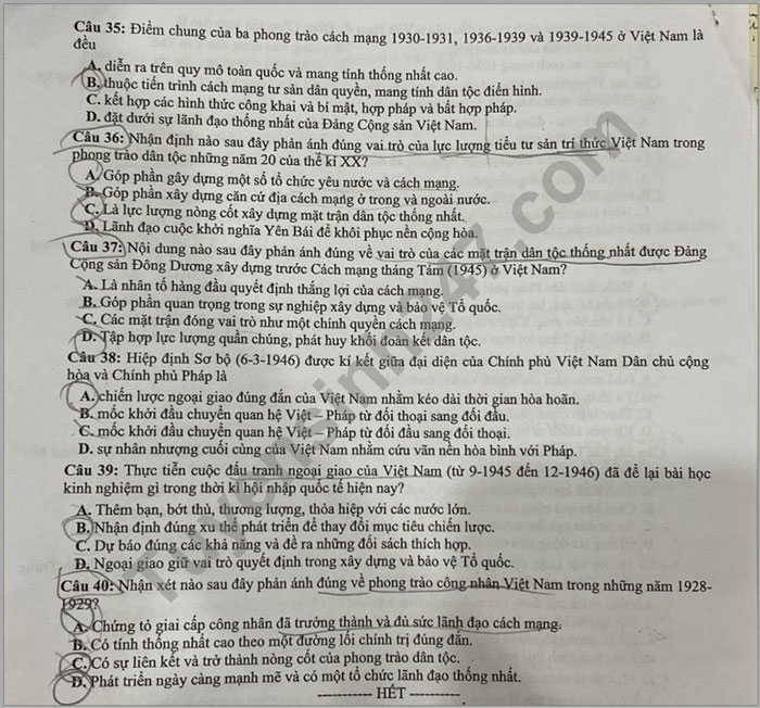 Đề thi thử tốt nghiệp THPT môn Lịch sử tại Hoà Bình. Ảnh: Tuyensinh247