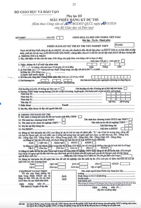 Mẫu phiếu đăng ký dự thi tốt nghiệp THPT 2024