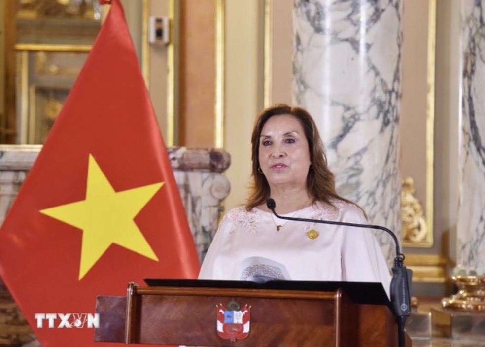 Tổng thống Dina Ercilia Boluarte Zegarra phát biểu trong cuộc gặp gỡ báo chí sau hội đàm. Ảnh: TTXVN