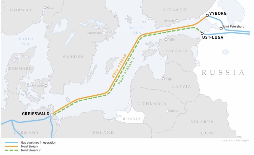 Bản đồ đường ống Nord Stream và Nord Stream 2 ở Baltic. Ảnh: Gazprom