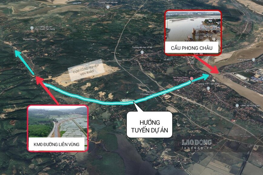 Tuyến đường dự án (bình đồ tuyến ước chừng) nối từ Km0 đường liên vùng tới Quốc lộ 32 (khu vực Trung tâm Y tế huyện Tam Nông), từ đây đi thẳng khoảng 400m là tới cầu Phong Châu. Đồ họa: Tô Công.