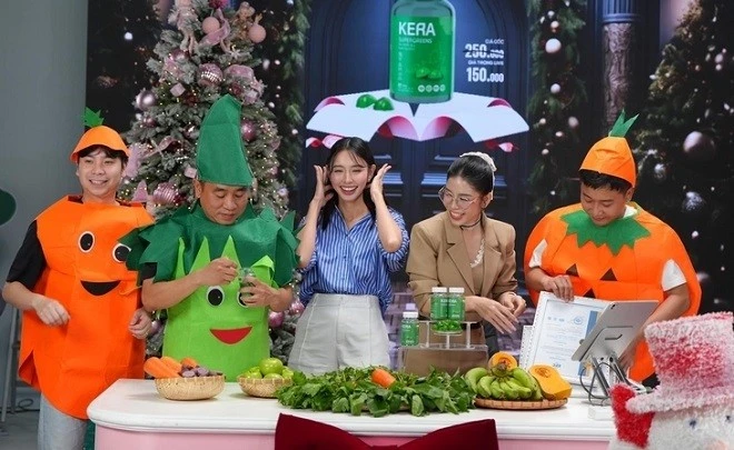 Sản phẩm Kẹo rau củ Kera được quảng cáo rầm rộ trong phiên livestream bán hàng, trong đó có Hoa hậu Nguyễn Thúc Thùy Tiên, Hằng Du Mục, Quang Linh Vlog. Ảnh: KERA