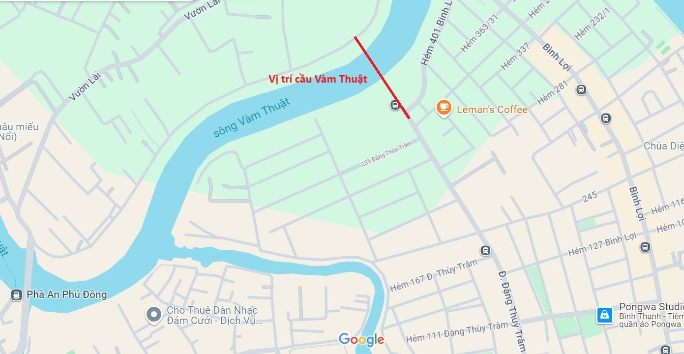 Vị trí xây cầu Vàm Thuật nối quận Bình Thạnh và Quận 12. Ảnh: Minh Quân