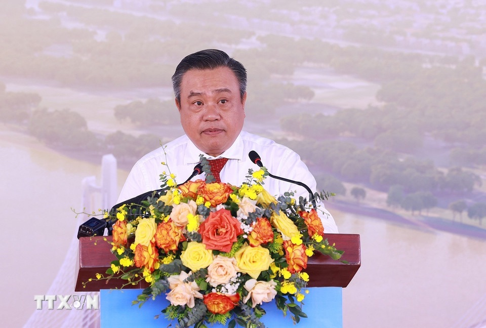 Chủ tịch UBND thành phố Hà Nội Trần Sỹ Thanh phát biểu lại lễ khởi công. Ảnh: TTXVN