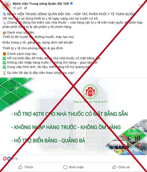 Các trang mạng xã hội giả danh Bệnh viện Trung ương Quân đội 108. Ảnh: Đại diện bệnh viện cung cấp