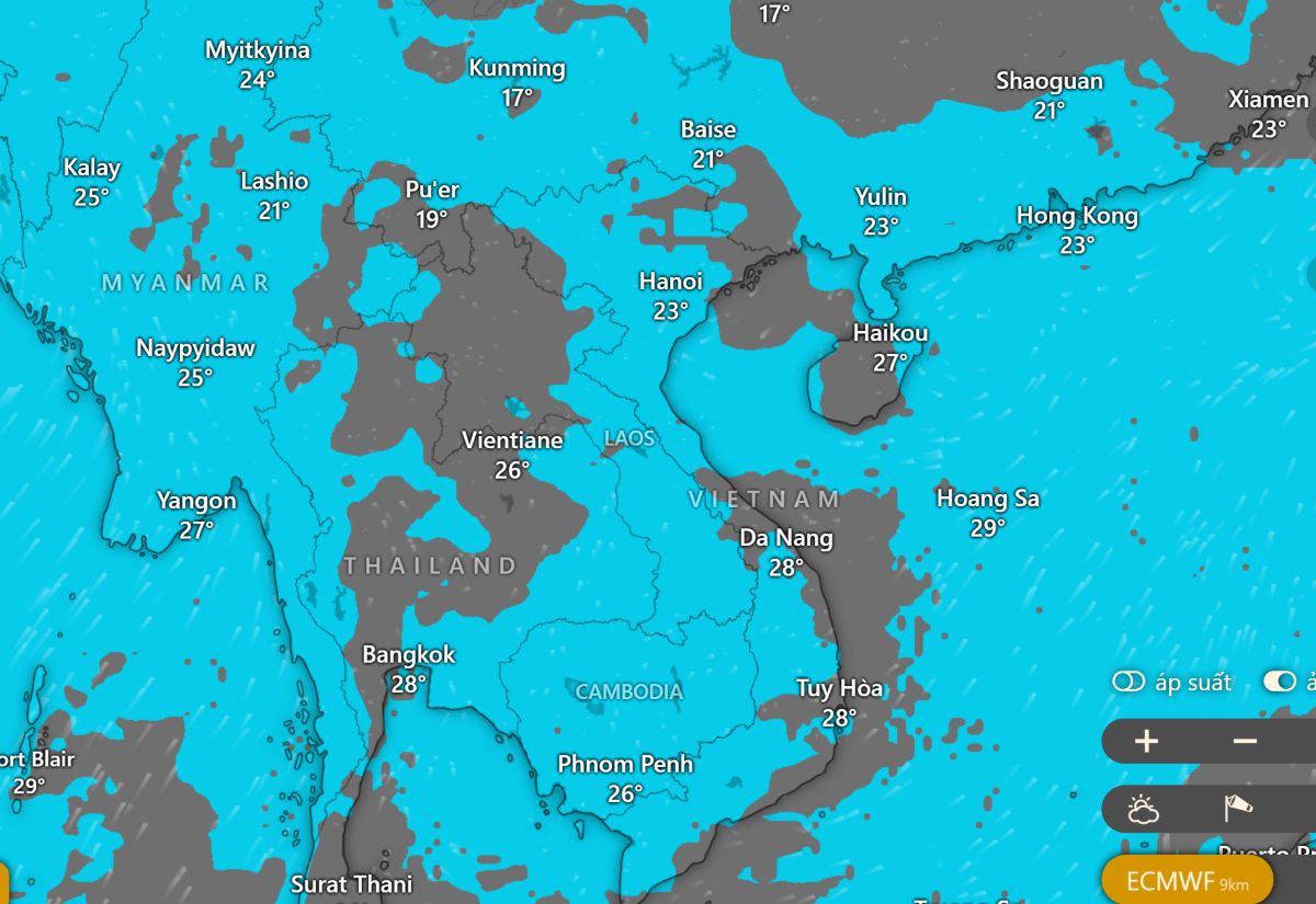 Dự báo mưa lớn ở nhiều khu vực ở Việt Nam, Trung Quốc... trong ngày 30.5. Ảnh: Windy.com