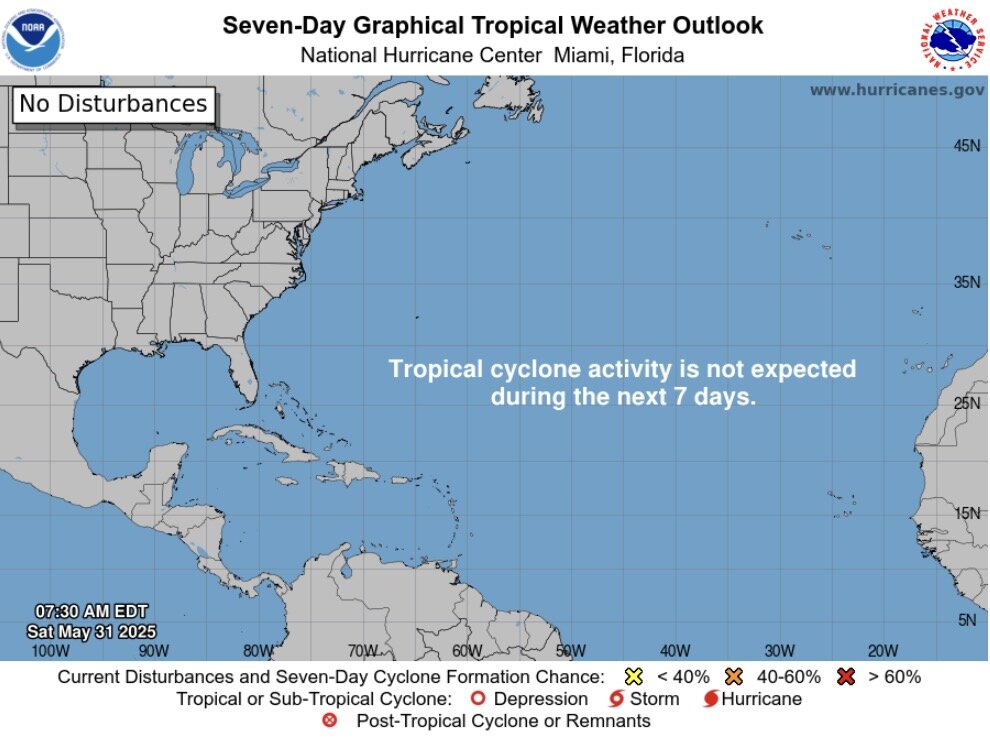 Trung tâm Bão Quốc gia Mỹ dự kiến không có bão trong 7 ngày tới ở Đại Tây Dương. Ảnh: NOAA