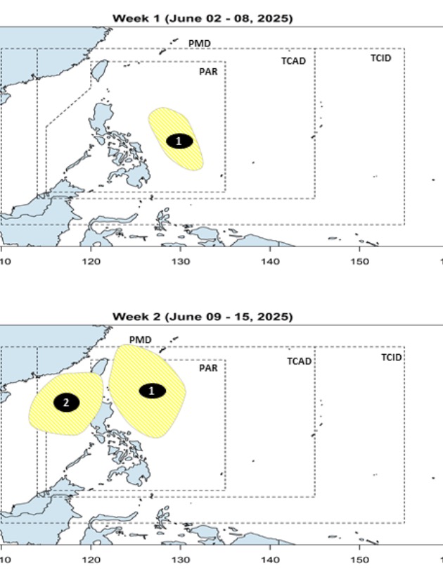 Dự báo vị trí của 2 áp thấp quanh Biển Đông trong nửa đầu tháng 6 trong bản tin dự báo bão, áp thấp mới nhất của PAGASA. Ảnh: PAGASA