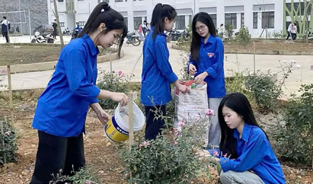 Học sinh tham gia hoạt động trồng cây tại trường học. Ảnh: Thanh Hằng