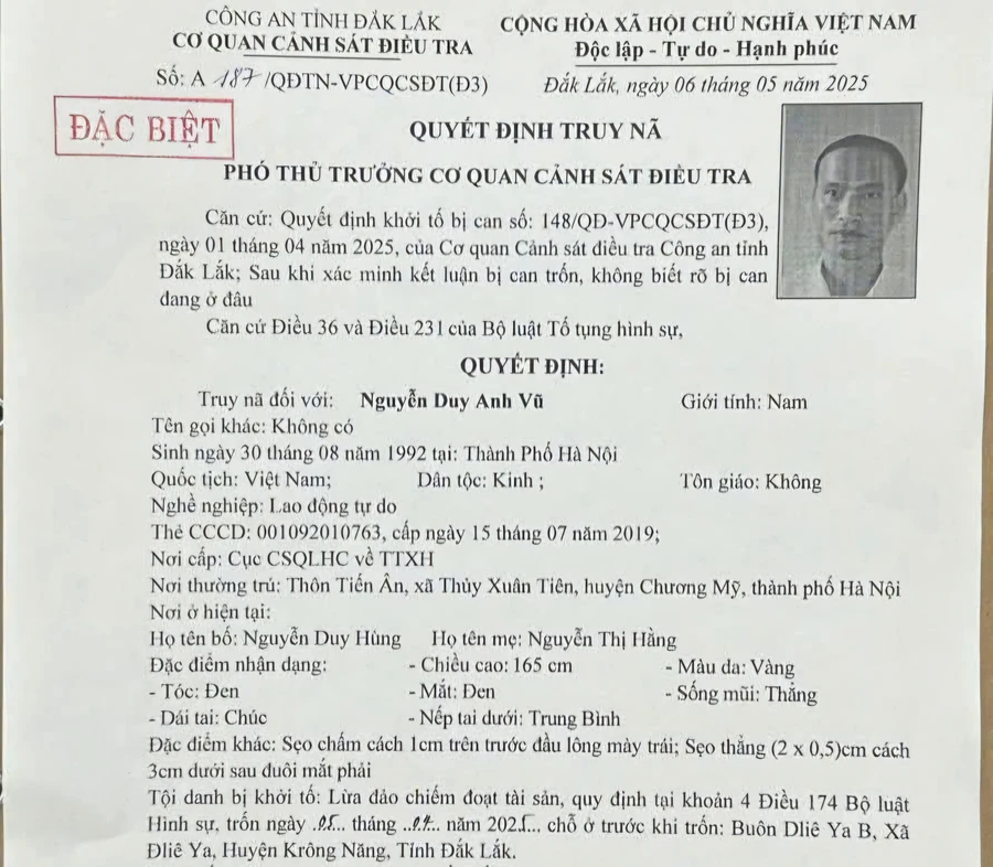 Quyết định truy nã đối với Nguyễn Duy Anh Vũ.