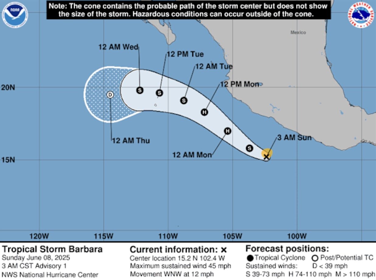 Dự báo, bão số 1 Barbara tiếp tục mạnh lên và trở thành bão cuồng phong trong khoảng sáng 9.6. Ảnh: NHC