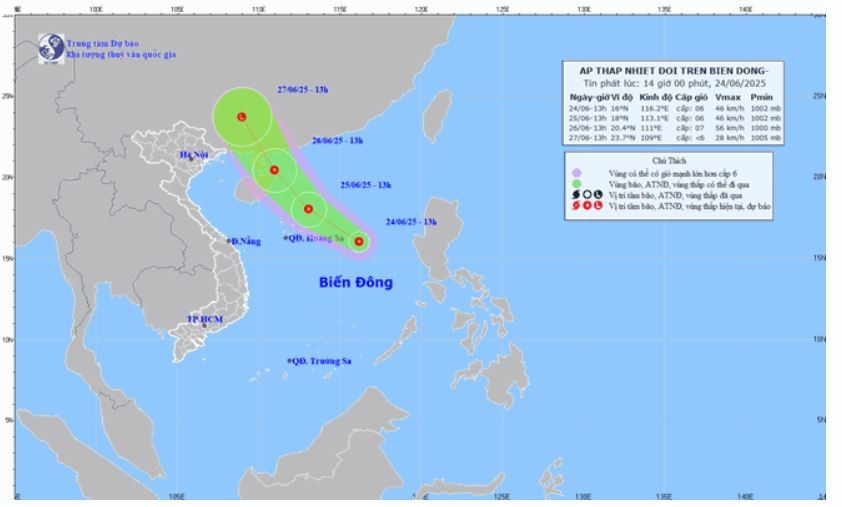 Cập nhật vị trí và đường đi áp thấp nhiệt đới hồi 14h ngày 24/6. Ảnh: Trung tâm Dự báo Khí tượng Thủy văn Quốc gia.
