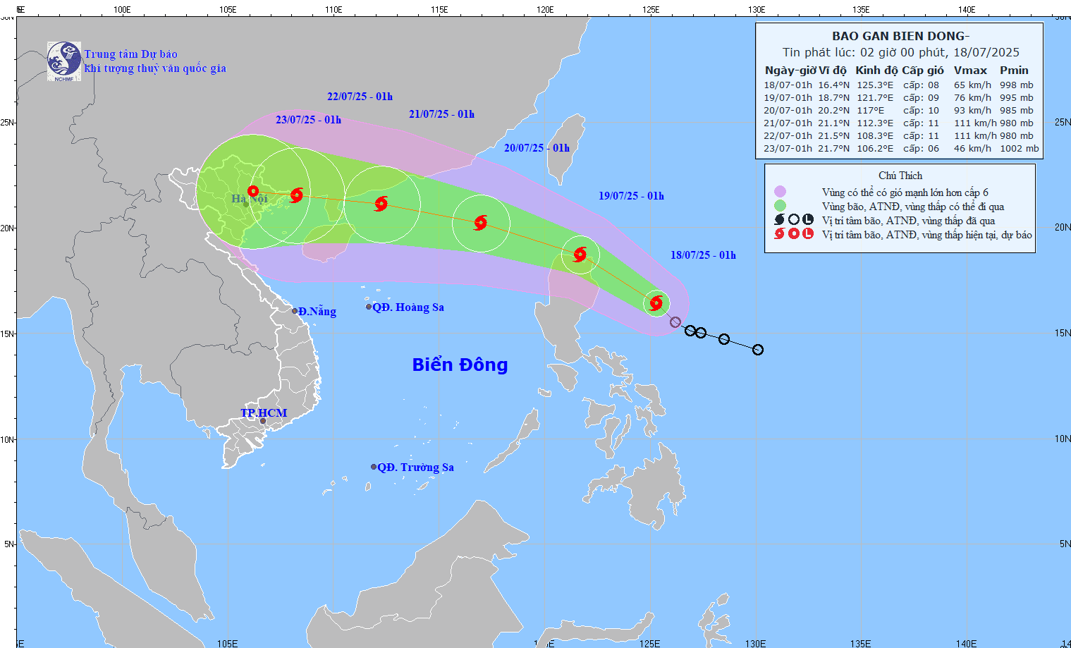 Dự báo đường đi của bão Wipha. Ảnh: Trung tâm Dự báo Khí tượng Thủy văn Quốc gia Việt Nam