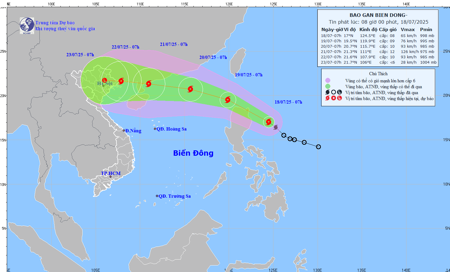 Cập nhật hồi 8 giờ ngày 18.7 về vị trí và đường đi của bão Wipha. Ảnh: Trung tâm Dự báo Khí tượng Thủy văn Quốc gia