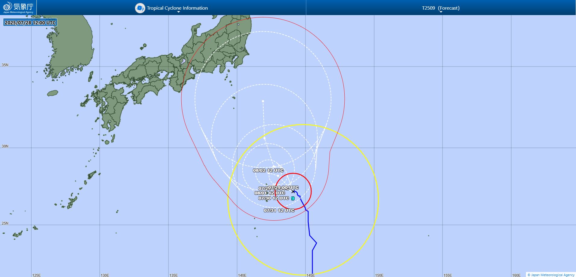 Dự báo đường đi của bão Krosa. Ảnh: Cơ quan Khí tượng Nhật Bản