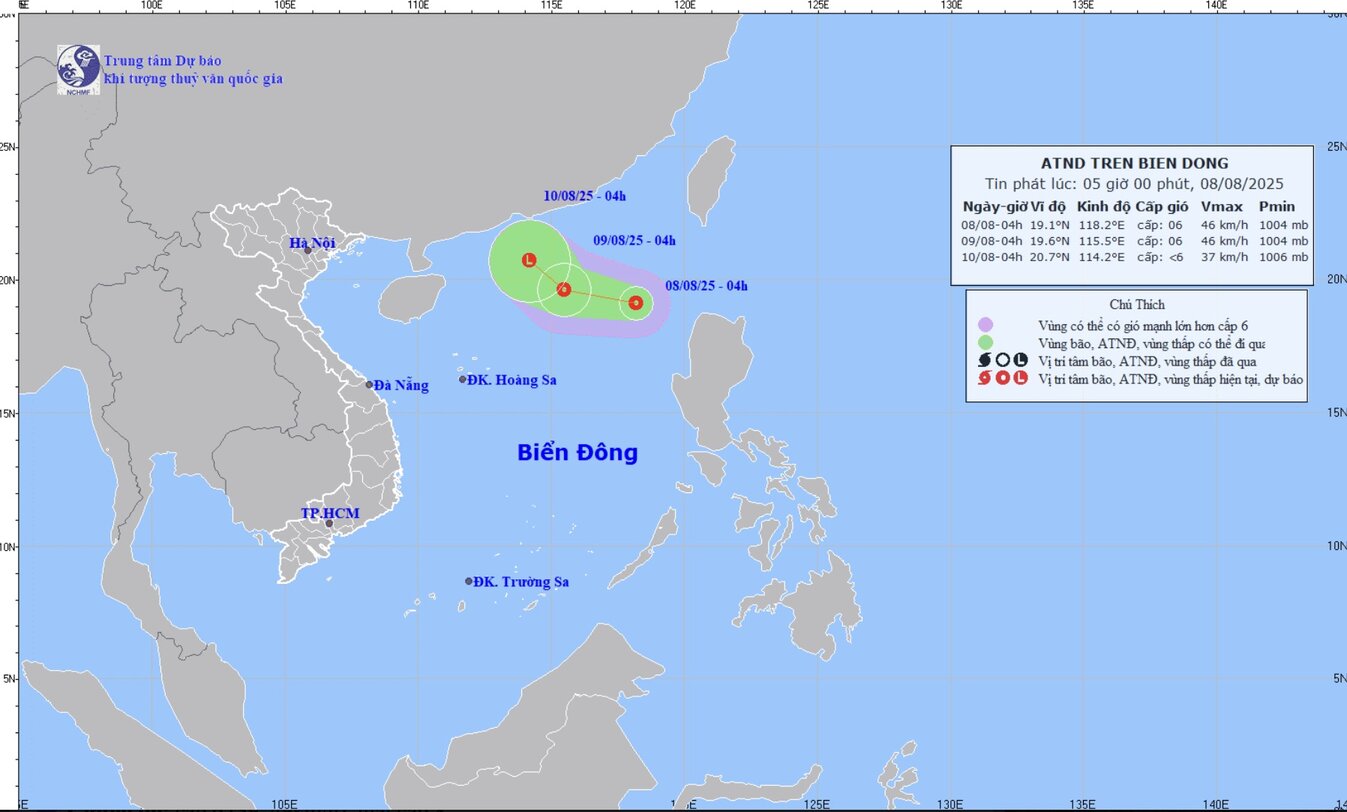 Sáng sớm 8.8, vùng áp thấp trên khu vực bắc Biển Đông đã mạnh lên thành áp thấp nhiệt đới. Ảnh: Trung tâm Dự báo khí tượng thủy văn quốc gia Việt Nam