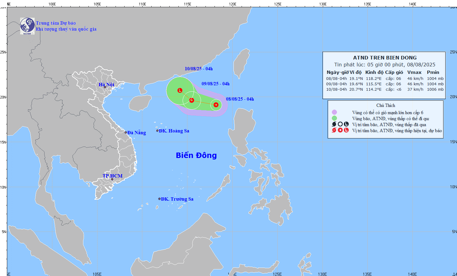 Áp thấp nhiệt đới trên Biển Đông. Ảnh: Trung tâm Dự báo Khí tượng Thủy văn Quốc gia Việt Nam