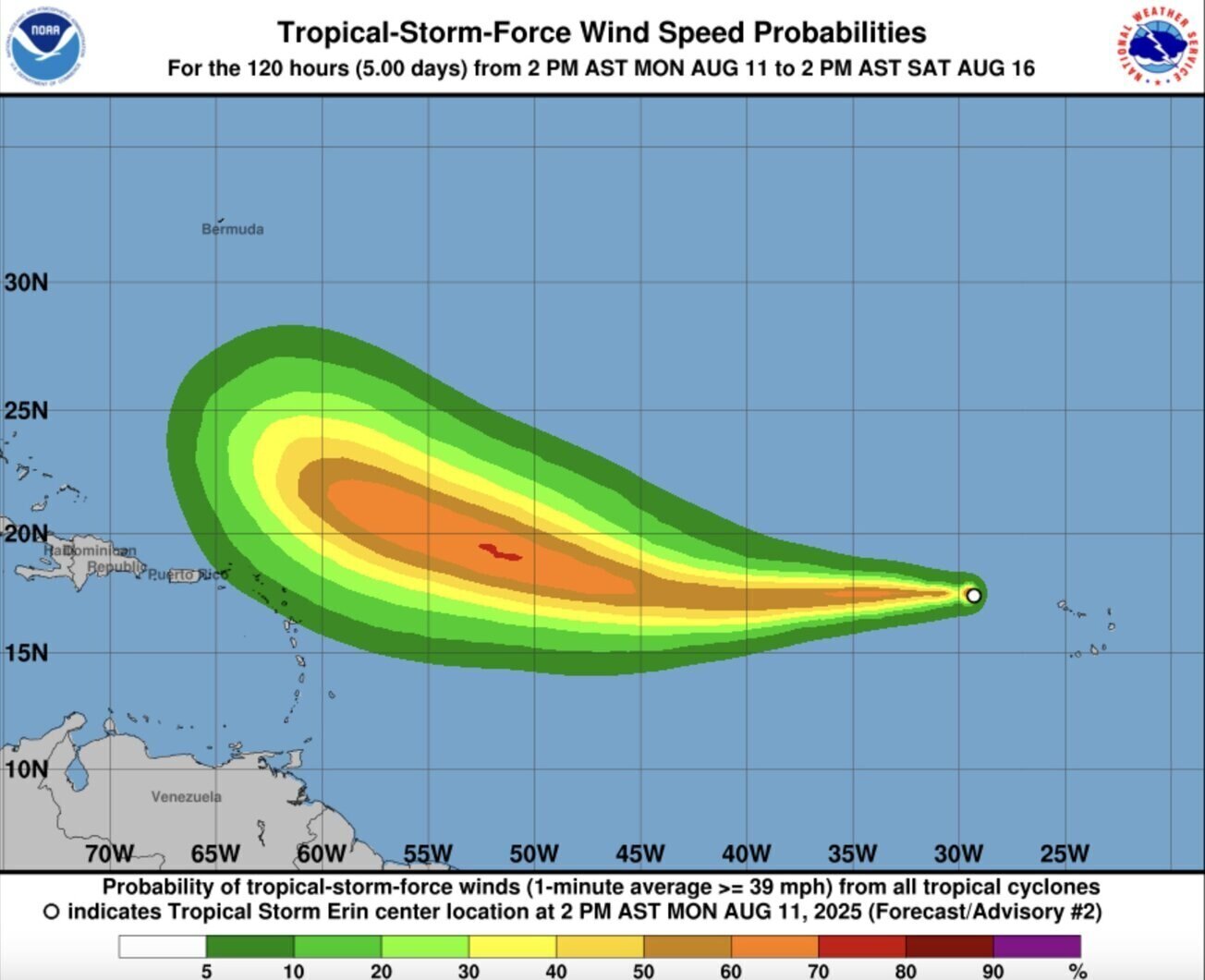 Dự báo đường đi của bão Erin. Ảnh: NOAA