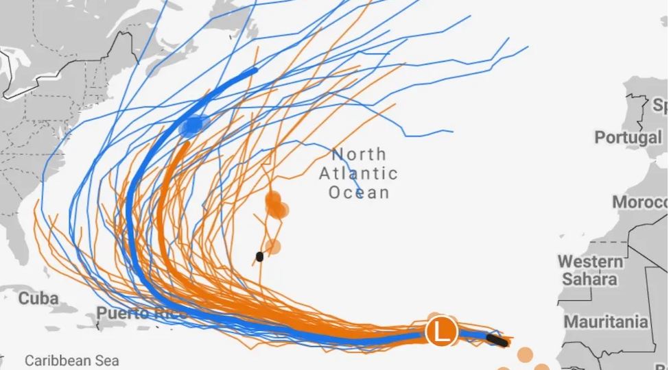 Các đường mô phỏng quỹ đạo bão Erin từ điểm khởi đầu lúc 0h UTC ngày 11.8.2025. Màu cam: mô hình châu Âu; màu xanh: mô hình AI nhiệt đới thử nghiệm của Google; đường đậm thể hiện giá trị trung bình của mỗi mô hình. Ảnh: Google Weather Lab
