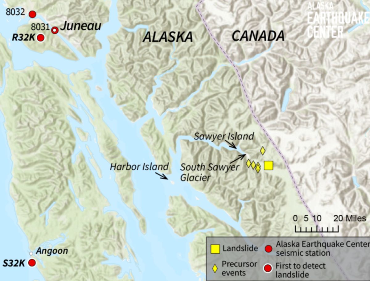 Vị trí của trận lở đất và hoạt động tiền chấn ngày 10.8.2025. Ảnh: Trung tâm Động đất Alaska