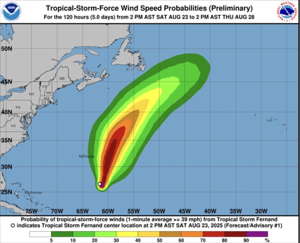 Dự báo đường đi của bão Fernand, cơn bão dự kiến mạnh lên thành bão cuồng phong trong hôm nay (ngày 24.8). Ảnh: Trung tâm Bão Quốc gia Mỹ