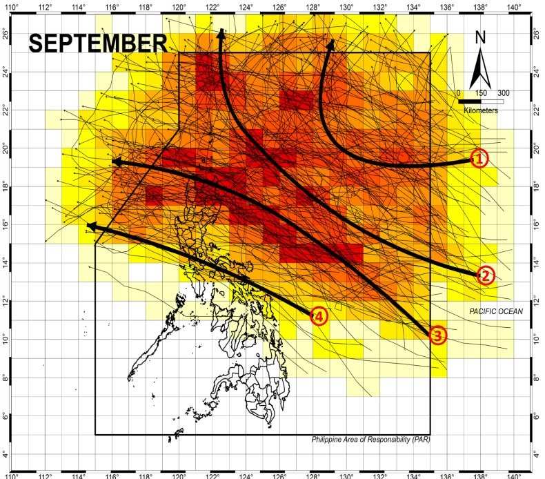 Dự báo 4 hướng đi của bão trong tháng 9.2025. Ảnh: PAGASA