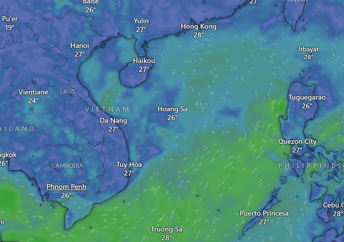 Hình thái thời tiết trên Biển Đông lúc 6h ngày 4.9. Ảnh: Windy