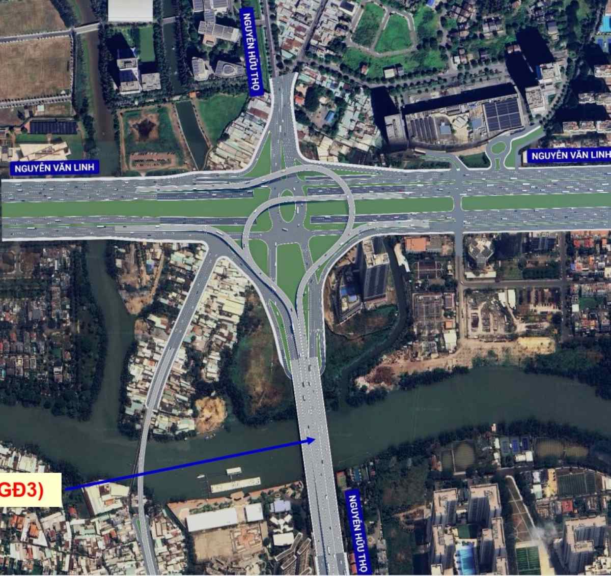 Nút giao Nguyễn Văn Linh hiện có 2 hầm chui và sẽ được đầu tư thêm cầu vượt để đồng bộ. Ảnh: Sở Xây dựng TPHCM