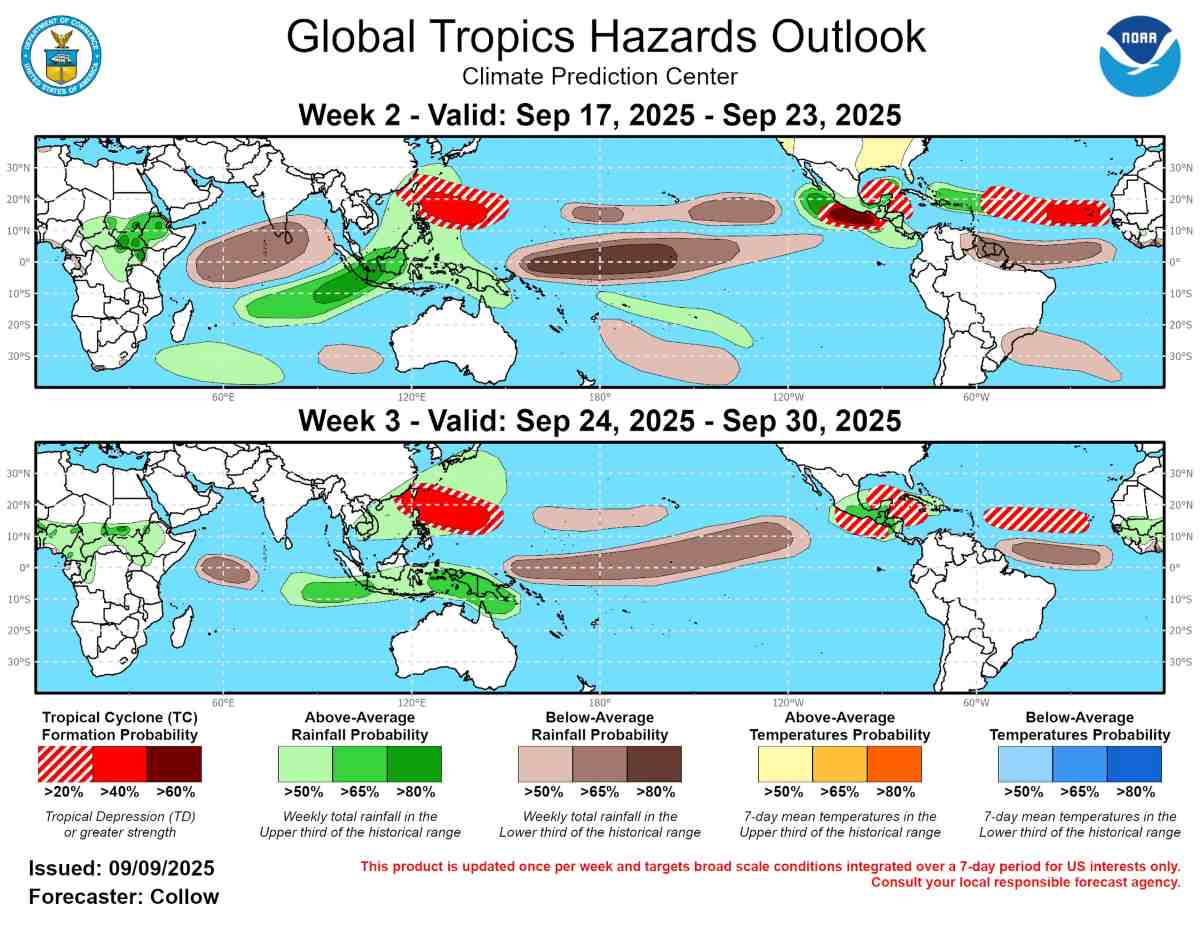 Dự báo bão và áp thấp từ ngày 17-30.9.2025 trên toàn cầu. Ảnh: NOAA