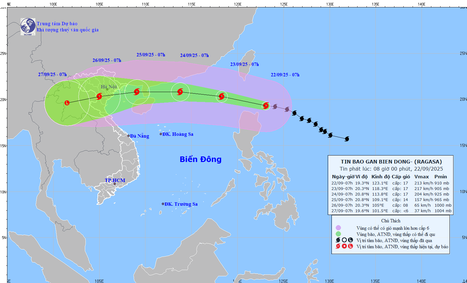Cập nhật vị trí và đường đi của bão Ragasa vào 8 giờ ngày 22.9. Nguồn: Trung tâm Dự báo Khí tượng Thủy văn Quốc gia