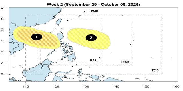 Dự báo thêm một áp thấp (số 2) gần Philippines trong tuần từ 29.9-5.10. Ảnh: PAGASA