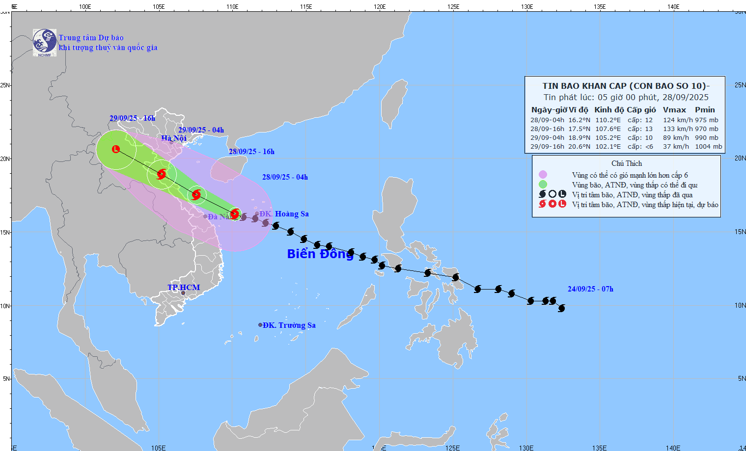 Dự báo đường đi của bão số 10. Ảnh: NCHMF