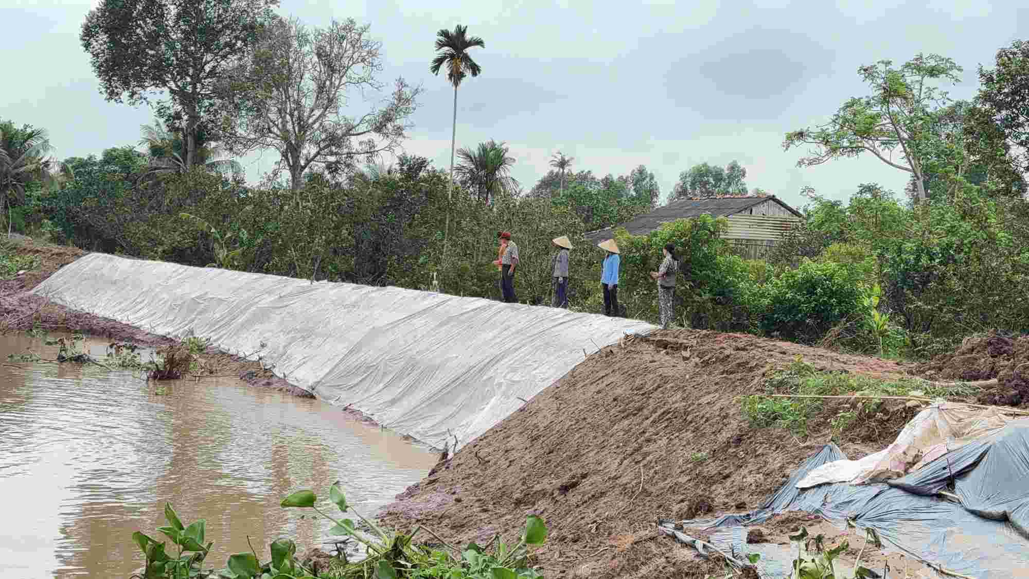 Đắp đất, phủ mũ bạc tạm thời để bảo vệ phần đất bị sạt lở là nỗ lực khẩn cấp của người dân ở cồn Thanh Long. Ảnh: Hoàng Lộc