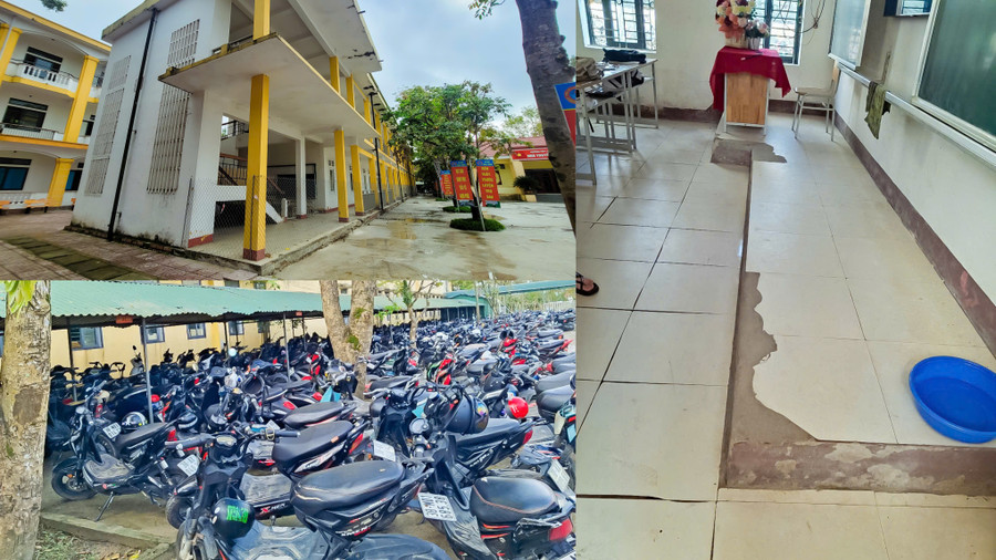 Dãy nhà H1 đang bị niêm phong do không đảm bảo điều kiện an toàn, nhà để xe học sinh quá nhỏ; bục giảng các phòng học bị bong tróc; hệ thống điện, quạt mát, ánh sáng xuống cấp, mất an toàn nghiêm trọng. anh-1.png