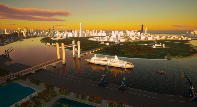 Phương án thiết kế cầu Thủ Thiêm 4 có thể nâng tĩnh không từ 15m lên 45m. Ảnh: Portcoast